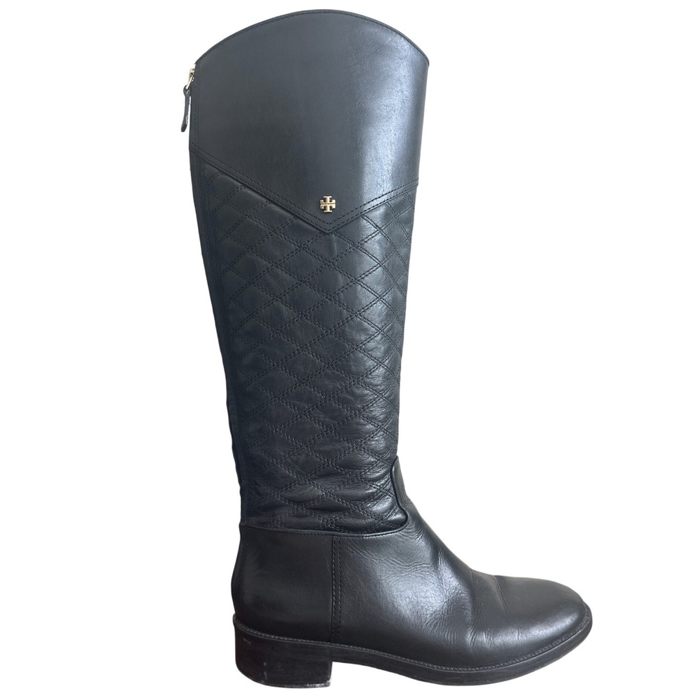 Tory Burch Claremont Quilted Leather Riding Boots Black Gold Logo 8.5